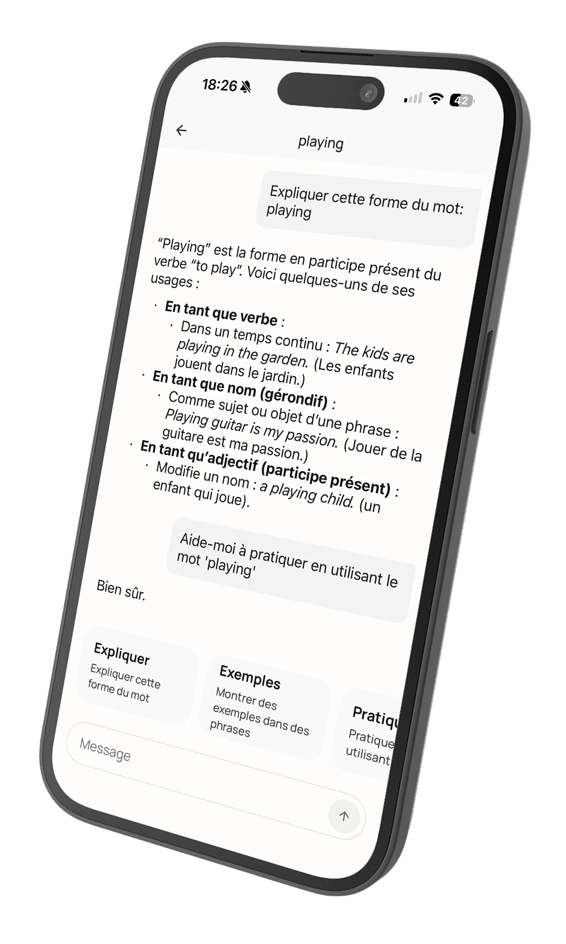 Word selected with translation and grammar popup
