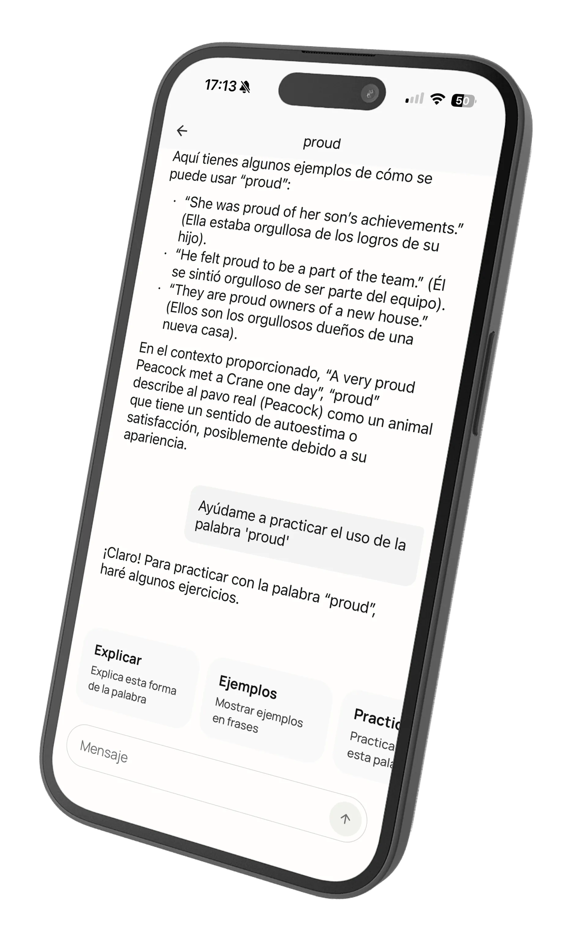 Word selected with translation and grammar popup