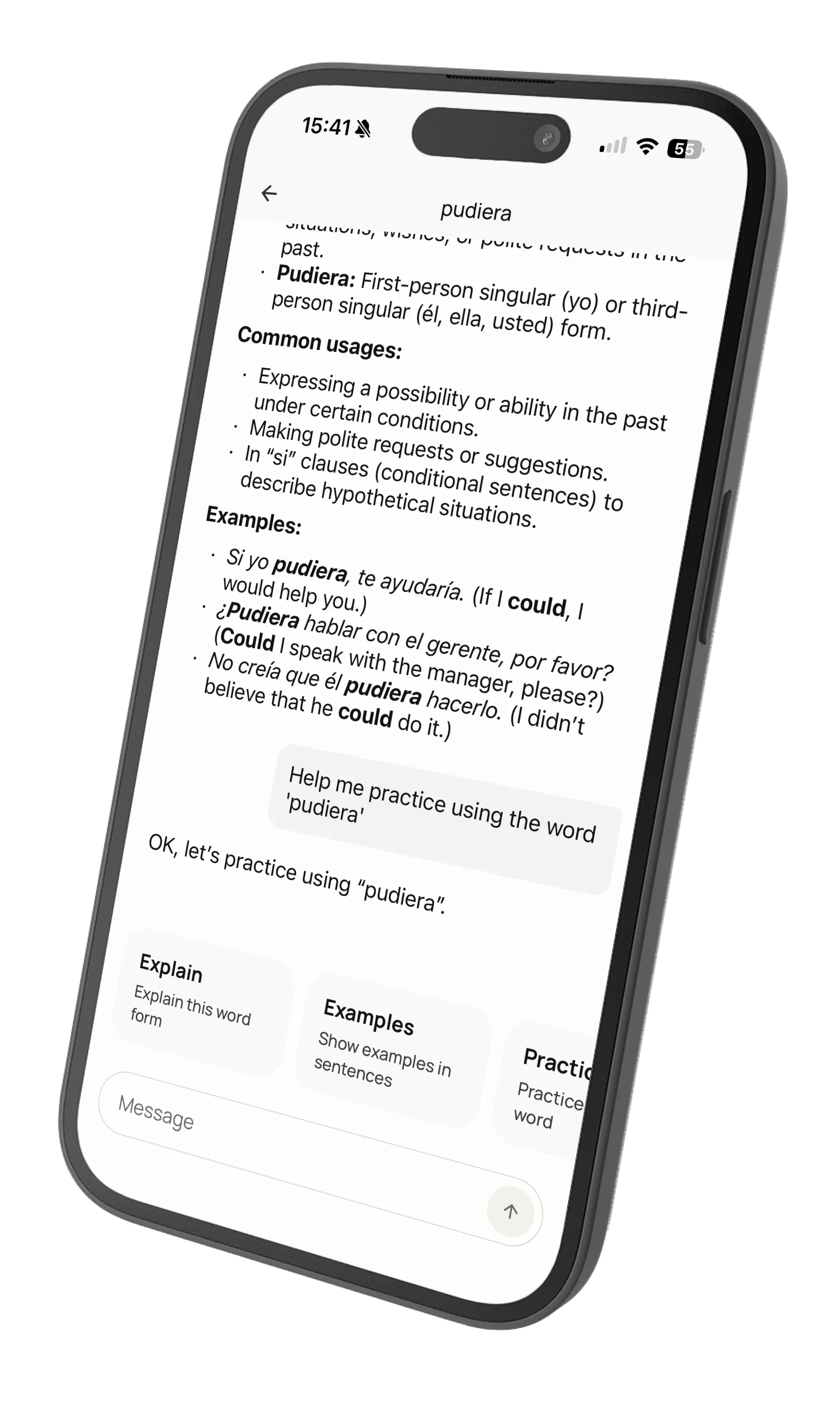 Word selected with translation and grammar popup