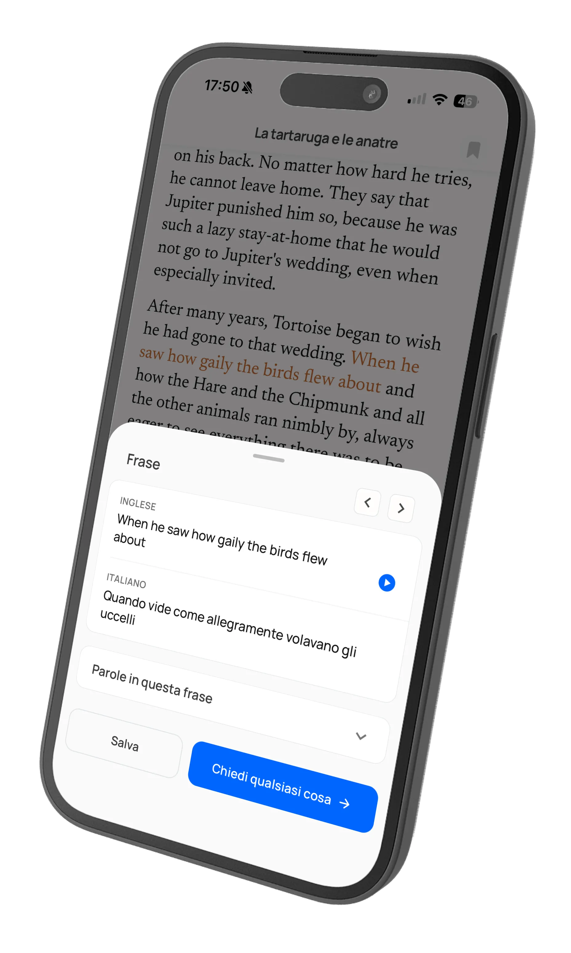 Word tapped showing translation and grammar details