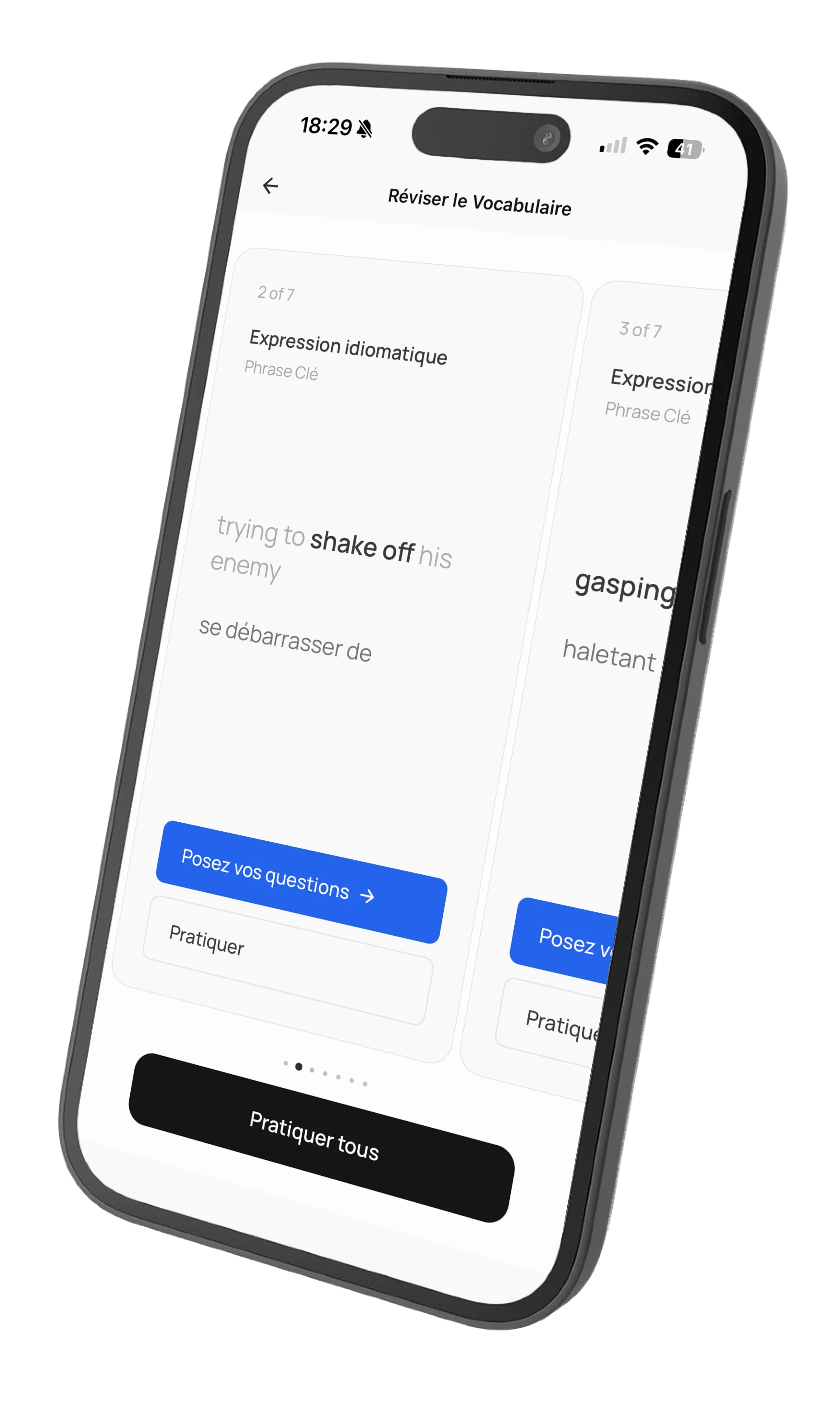 Vocabulary review screen after reading
